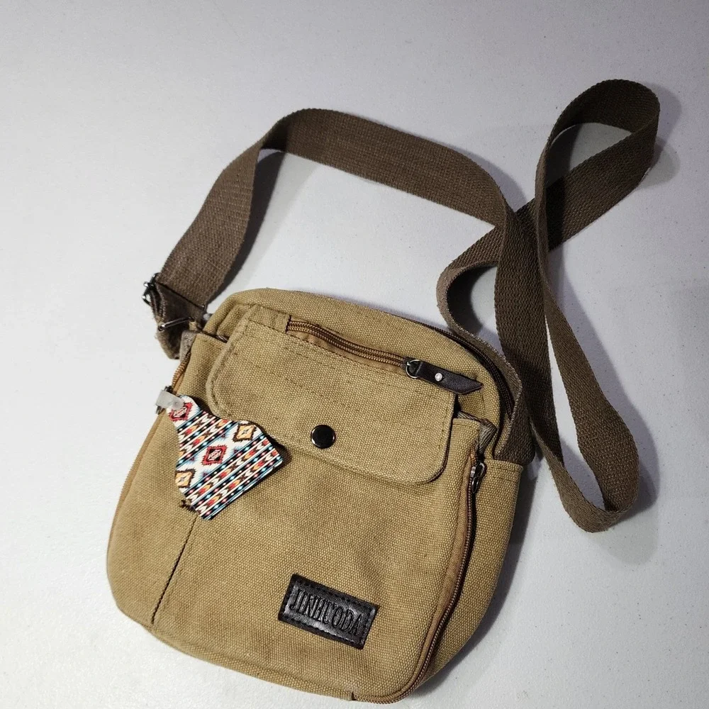 Jinhuoda Khaki Canvas Crossbody Bag Utility Travel Messenger Small Tan